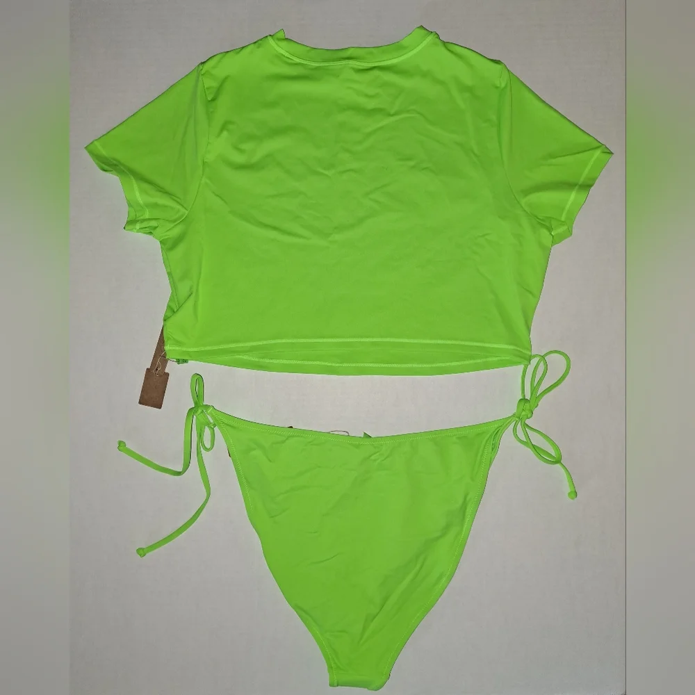 ❤️NWT SKIMS 2 Piece Swim T Shirt Top Dippy tie String Bikini Set NEON GREEN 3X